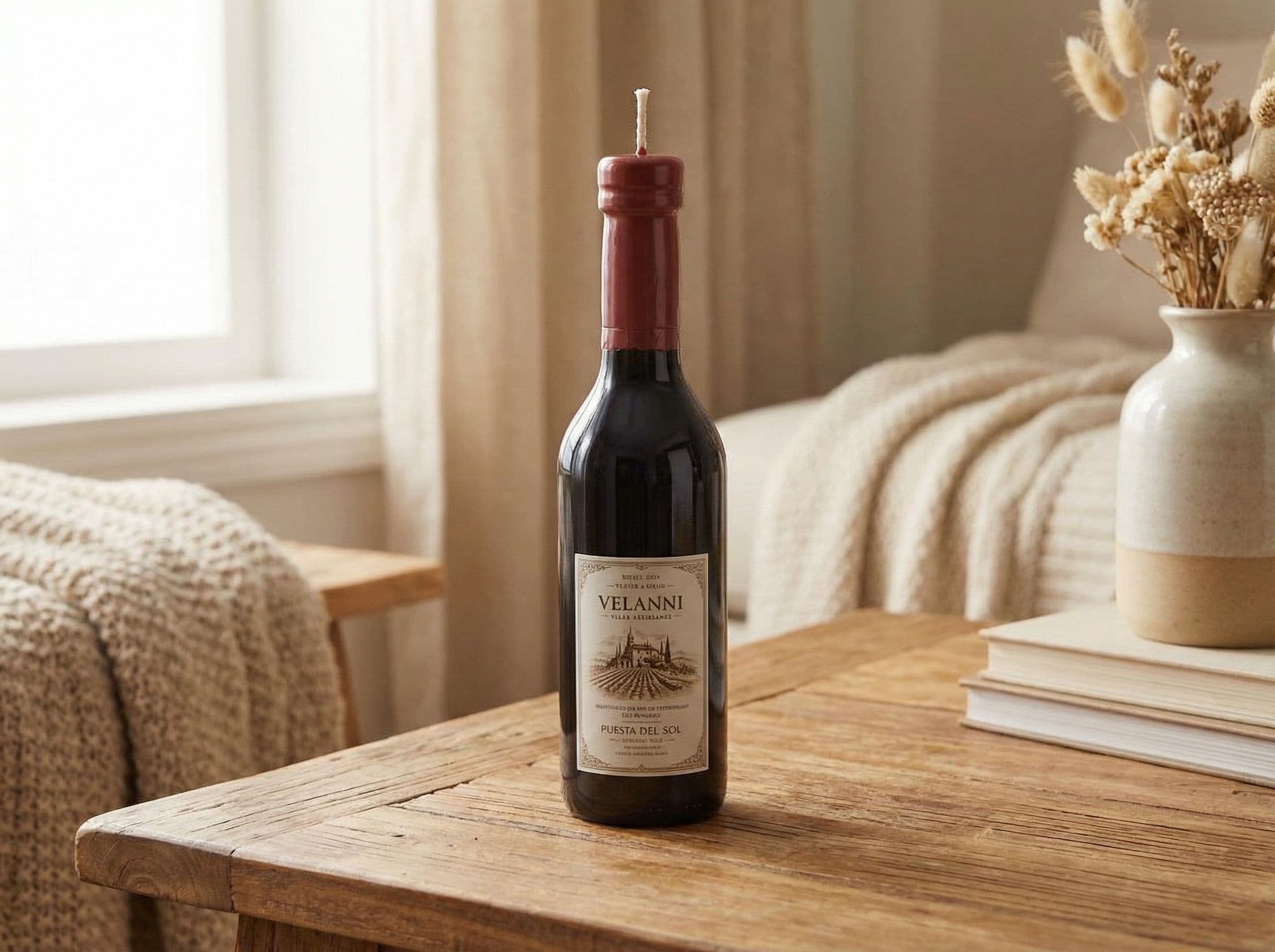 Vela Velanni en forma de botella de vino en interior de hogar acogedor