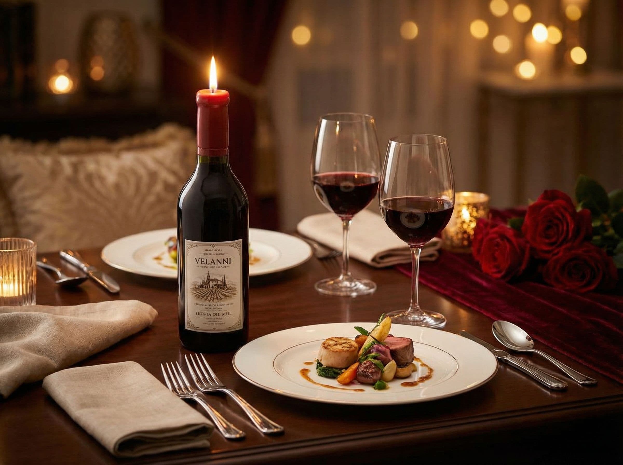 Vela encendida en cena romántica con copas de vino y rosas