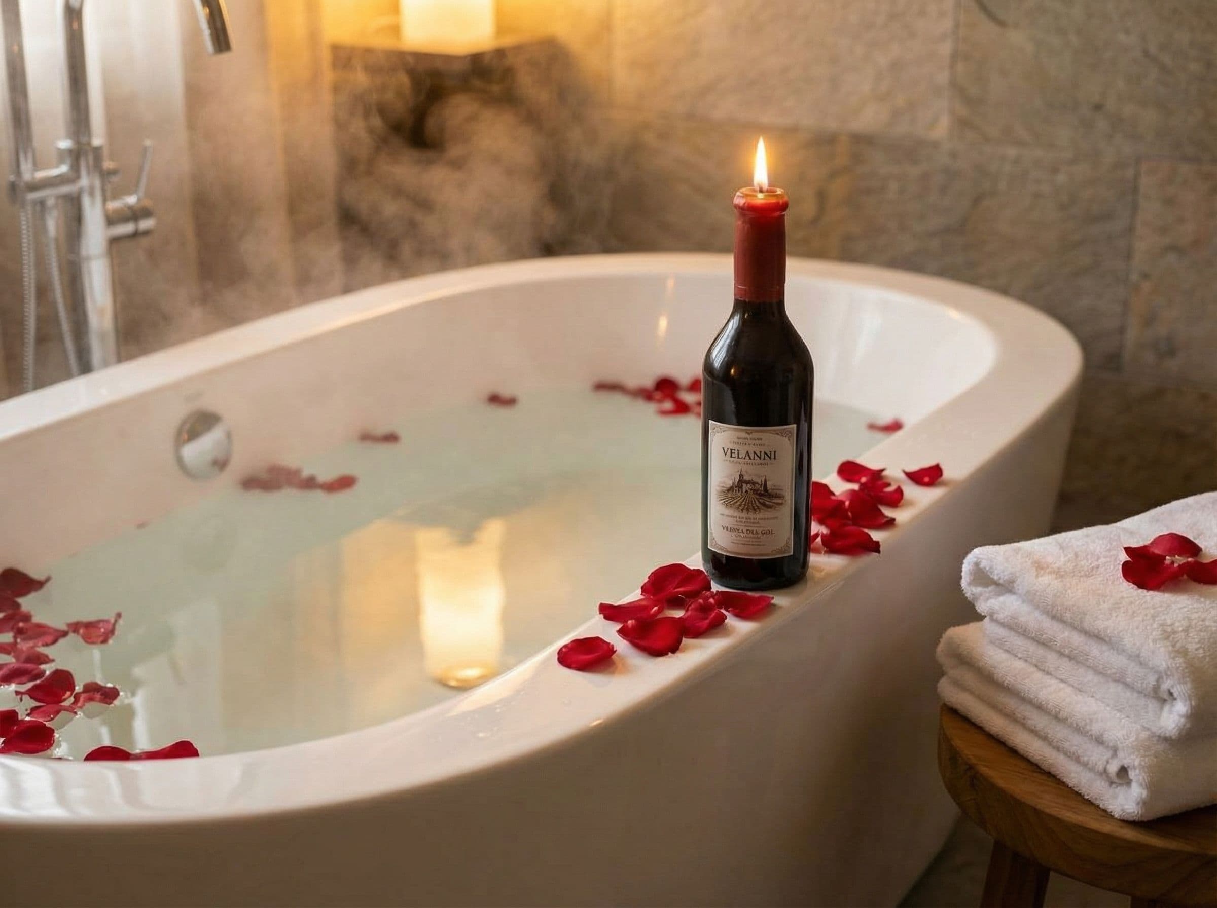 Vela encendida en spa de lujo con pétalos de rosa y vapor