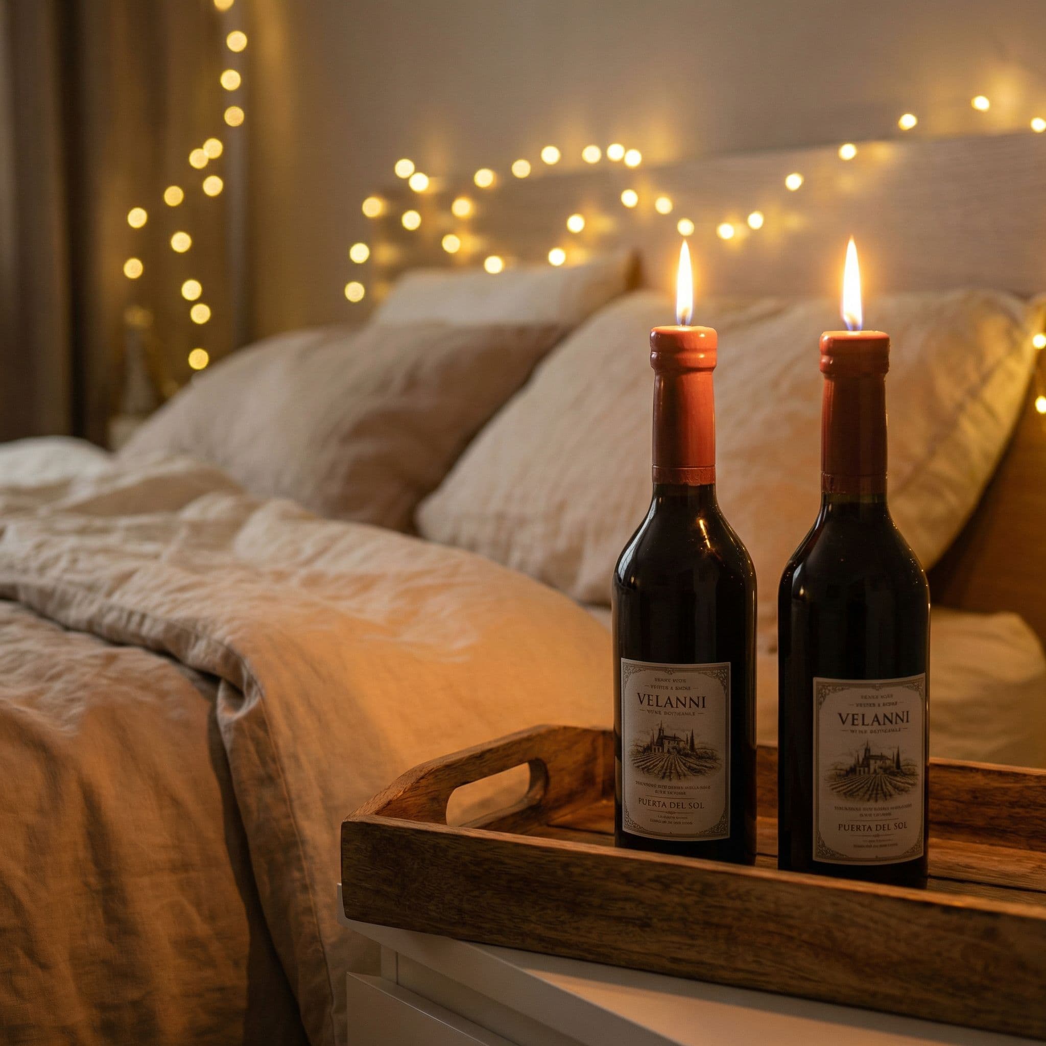 Dos velas encendidas en bandeja de madera en dormitorio romántico con luces